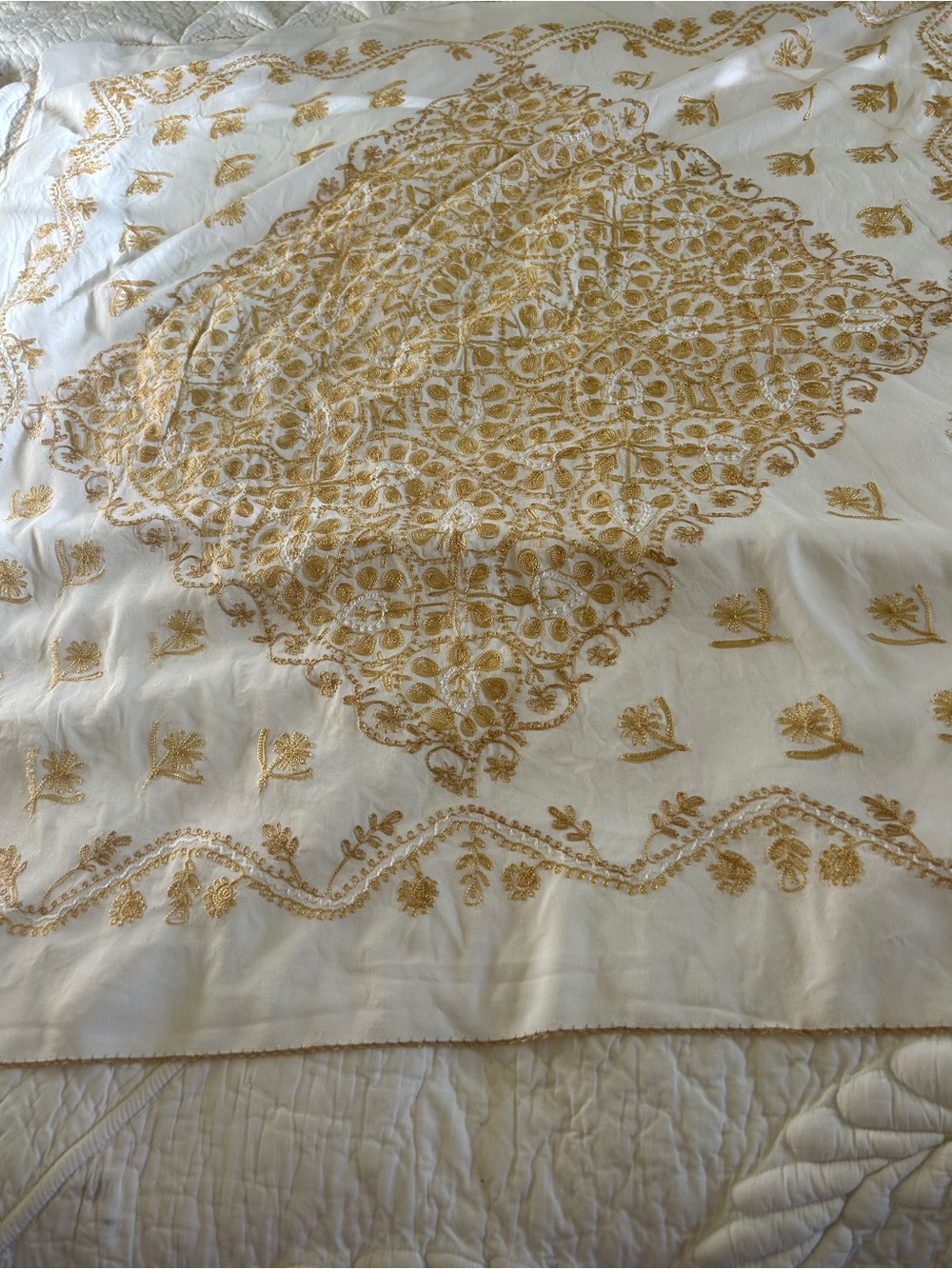 Machine -Embroidered Cream Tablecloth or Shawl with Gold Floral Motif 36 in sq